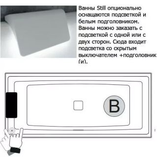 Акриловая ванна с подсветкой Riho Still Square LED Fall B100034005 170х75см светодиоды и подголовник слева заполнение через перелив белый